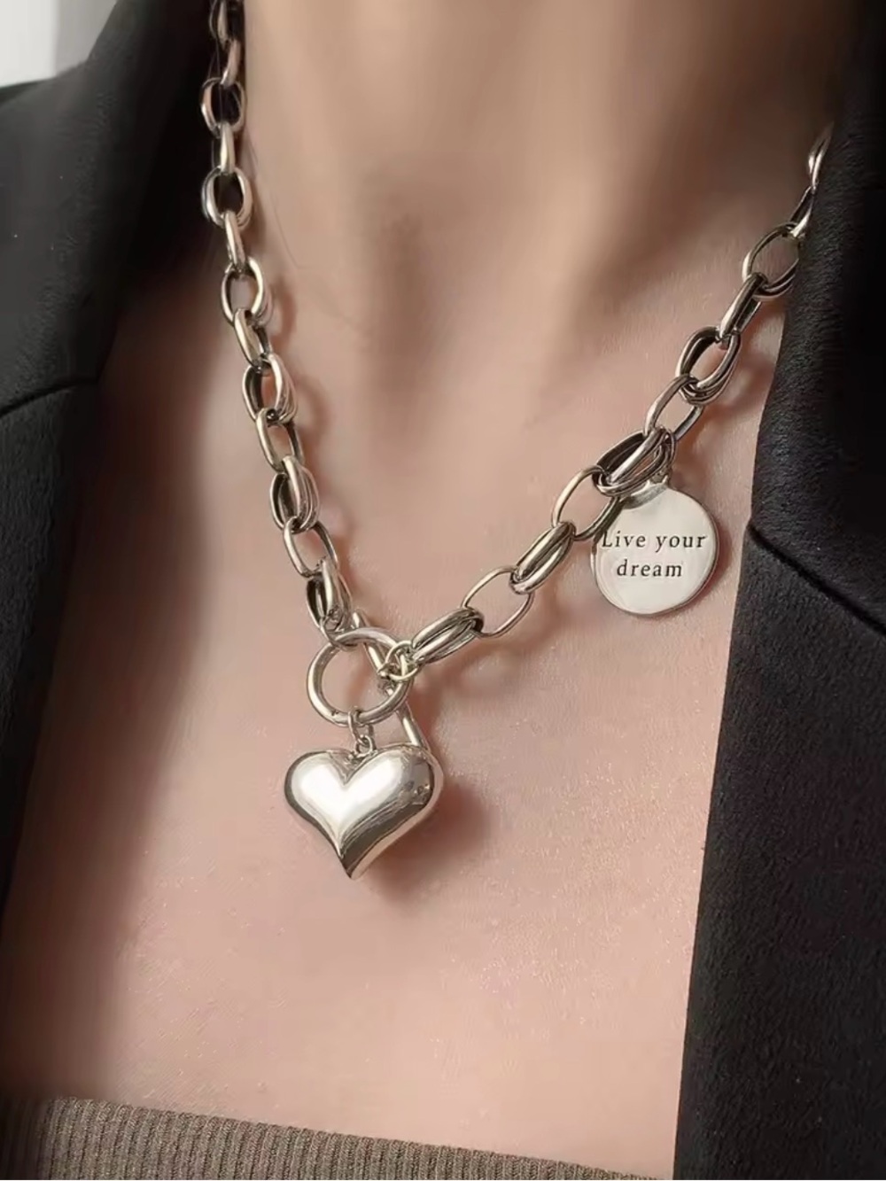 Sterling Silver Heart Charm Toggle Chain Necklace Live Your Dreams Pendant Gift
